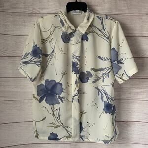 Vintage Fashion Star White and Blue Floral Button Up Shirt Short Sleeve Size 12